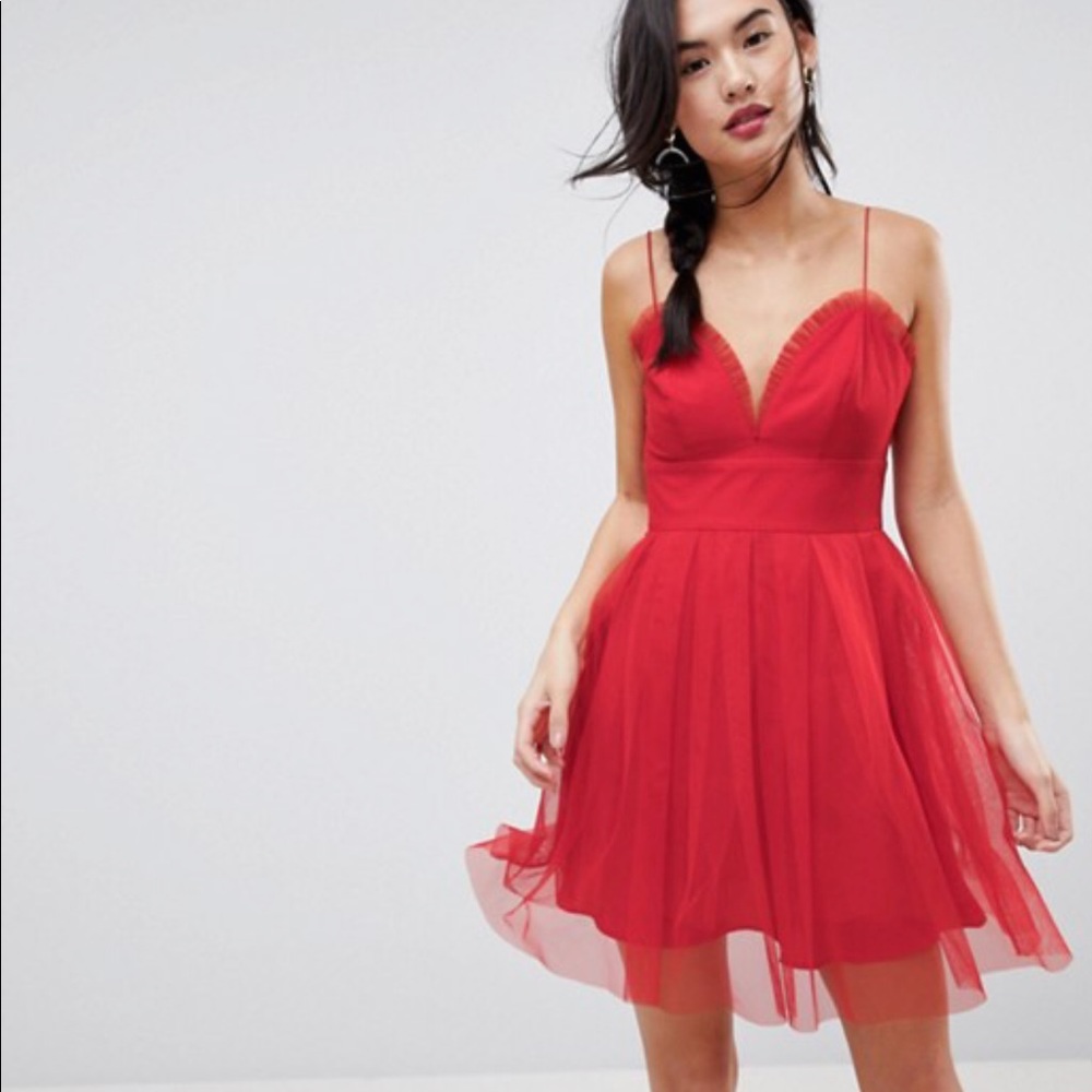 Red Cami Ruffle Mesh Mini Dress - Picture 2 of 7
